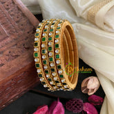 Thin Silk Thread Kundan Bangle-Green-Squares and Dots-G4949